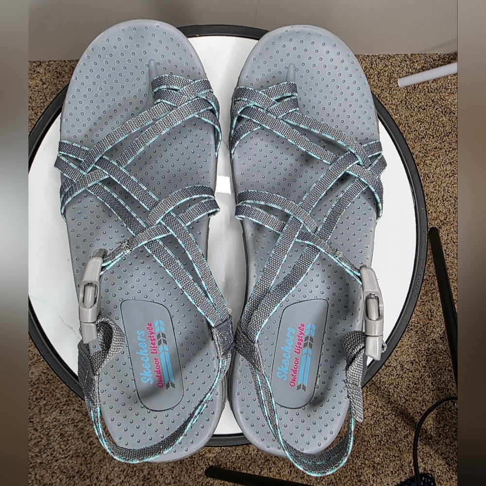 Skechers Women's Reggae Irie Mon Gray/Teal Comfort Sandals Size: 9